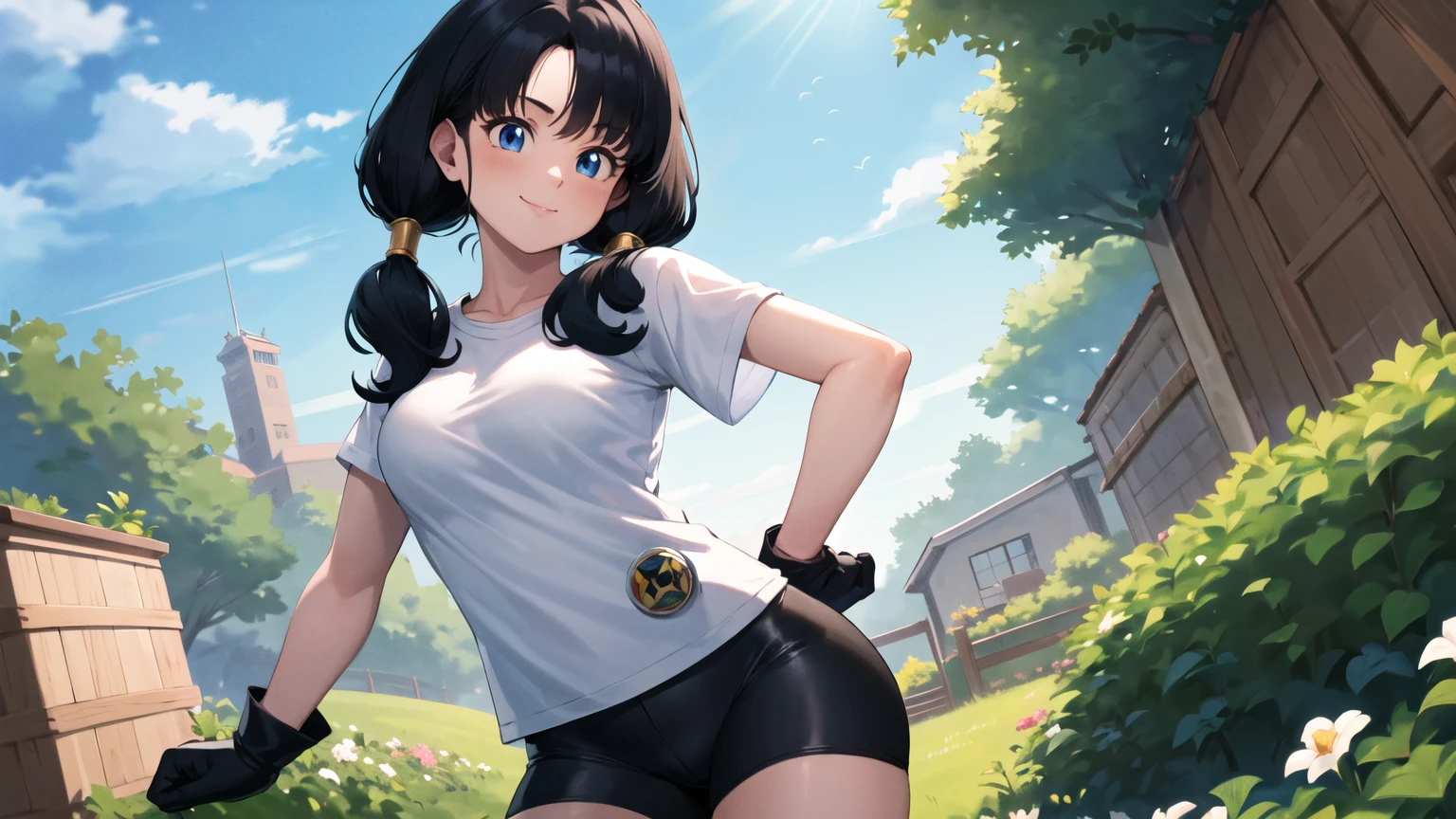 Pechos enormes y transparentes masterpiece, best quality, highres, videl2, solo, blue eyes, black hair, twintails, black gloves, bike_shorts, bangs, white shirt, badge, cowboy shot, frown, hand on hip, leaning forward, pointing at viewer, Big Breasts , opening your legs, Nsfw , Focus crotch, detailed and sexy crotch , vulva Nsfw , Swollen vulva, big and voluptuous crotch vulva , Super tight shorts that highlight the vulva , Spreading your legs, legs open