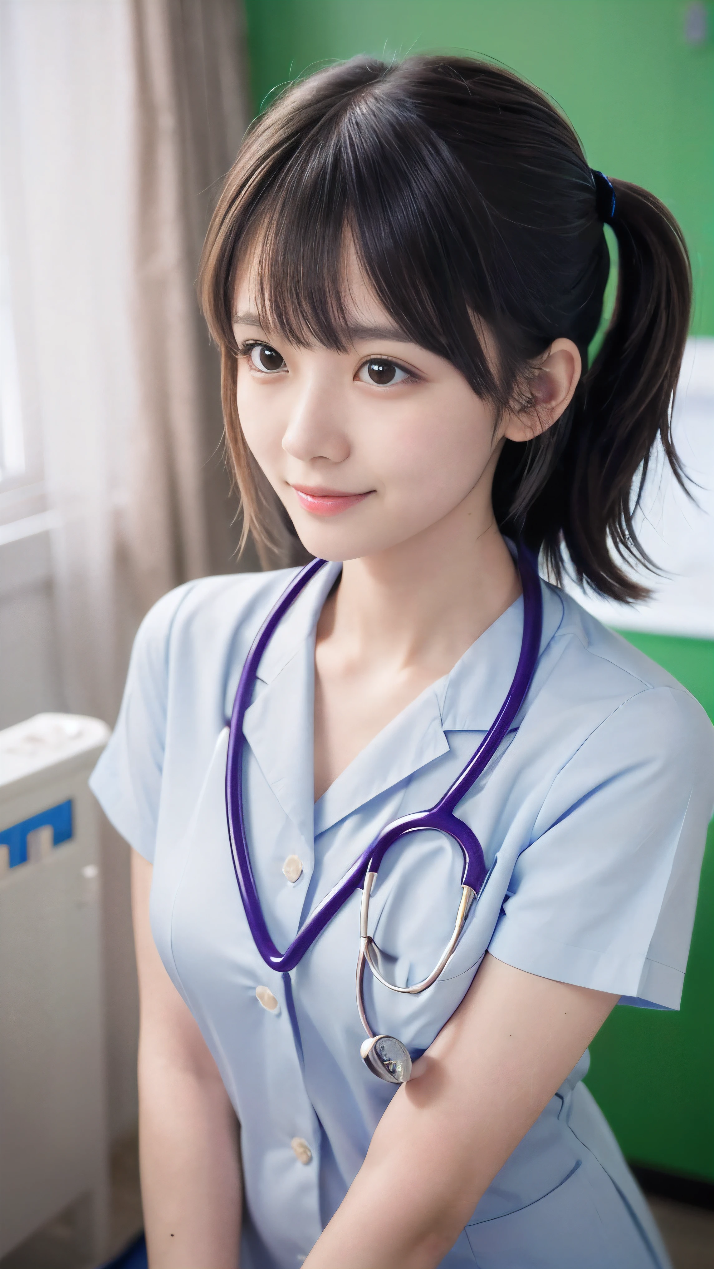 (Close-up face shot of one slender small breasts two side up black medium hair with bangs girl in a white nurse uniform:1.5)、(One nurse measuring blood pressure in the hospital room with small smile:1.5)、(blurred background:1.5)、(Natural light:1.5)、(High-key photo:1.5)、(8k ultra detailed master piece:1.5)、(perfect anatomy:1.5)、(Photorealistic stick:1.5)、(Raw photo:1.3)、(highest quality:1.5)、(High resolution:1.3)、(Delicate and beautiful perfect face:1.3)、(Delicate and beautiful eye air skin:1.3)、(Real Human Skin:1.3)、((thin legs))