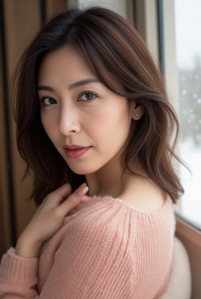 mature attractive woman、Chubby、innocent smile、rosy cheeks、ルーズなsweater、 Snowy scenery outside the window、off shoulder、on the bed、short hair、clear white skin、Pose with movement、No sleeve、Bare wrists、sweater