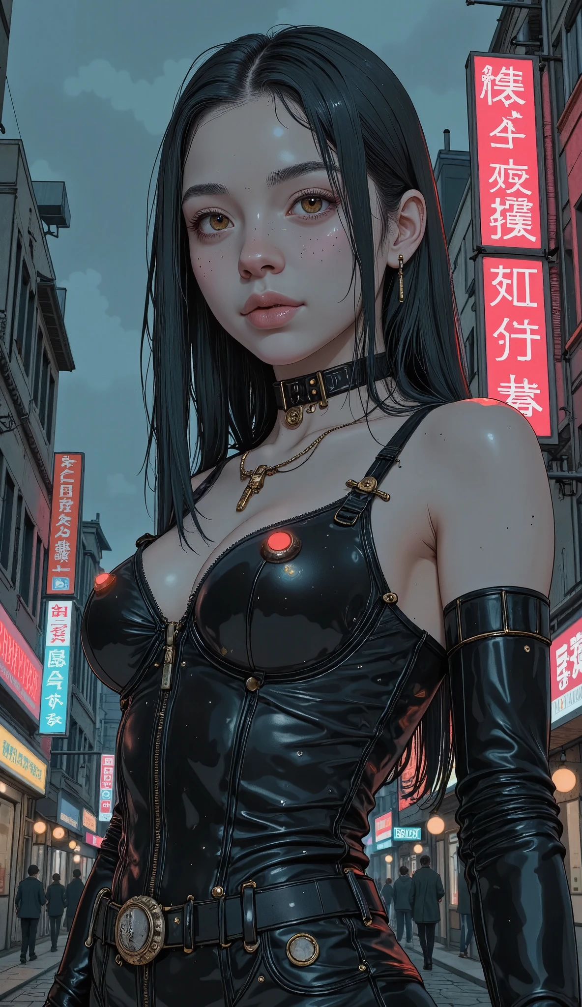  a curvy goth girl ,  big breasts,  thin waist , Neon latex , crucifix,  cyberpunk city , simple lines, ( best quality,  masterpiece:1.2), ultra-detallado, ( realistic , photo- realistic :1.37),   bright colors  ,  High DefinitionR, iluminación de estudio, ultra-fine paint,   sharp focus,  physically rendered,  description of extreme details, professional,  anime style, photo realistic , bokeh, chiaroscuro,  movie lighting, Fujicolor, 4k, 8K, highres, U High Definition, U High Definition, Retina,  masterpiece,  Precise, Anatómicamente correcto,   ,  super detail ,  High Details ,  HIGH QUALITY, awarded,  best quality, highres, 1080P,  High Definition, 16K