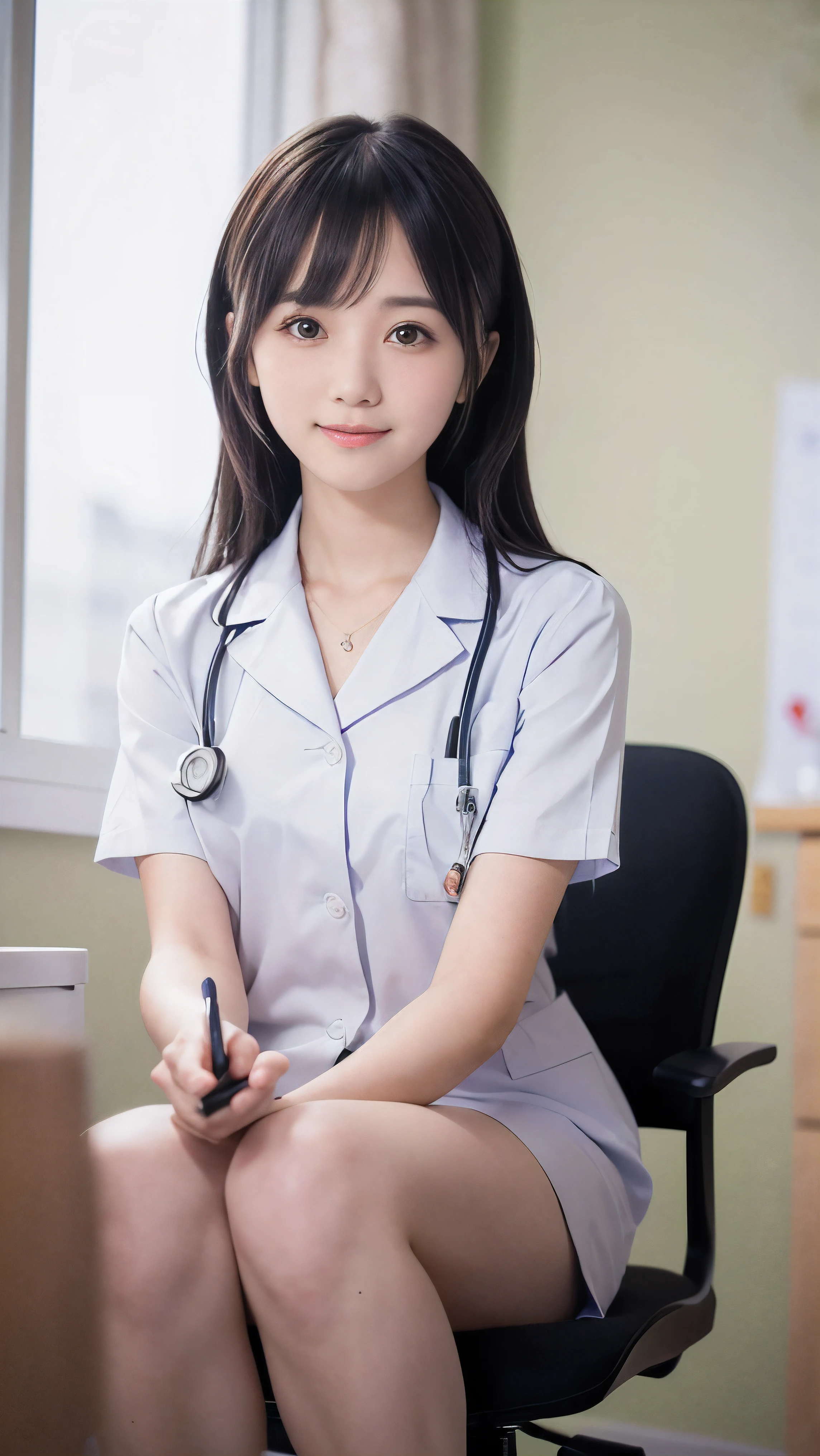 (Close-up face shot of one slender small breasts two side up black medium hair with bangs girl in a white nurse uniform:1.5)、(One nurse measuring blood pressure in the hospital room with small smile:1.5)、(blurred background:1.5)、(Natural light:1.5)、(High-key photo:1.5)、(8k ultra detailed master piece:1.5)、(perfect anatomy:1.5)、(Photorealistic stick:1.5)、(Raw photo:1.3)、(highest quality:1.5)、(High resolution:1.3)、(Delicate and beautiful perfect face:1.3)、(Delicate and beautiful eye air skin:1.3)、(Real Human Skin:1.3)、((thin legs))