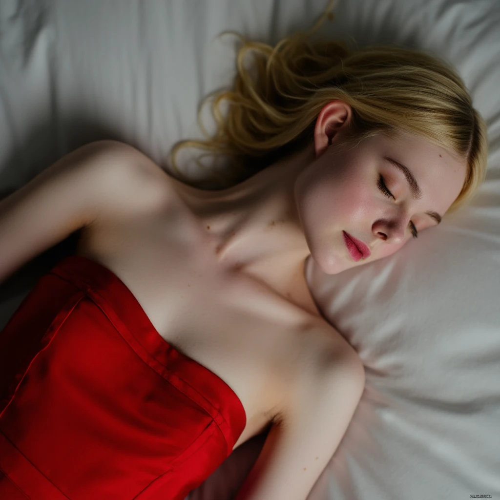 Elle Fanning, picture from above, lying limp on a bed on back, red strapless dress, sleeping, closed eyes, head tilt, mouth slightly open