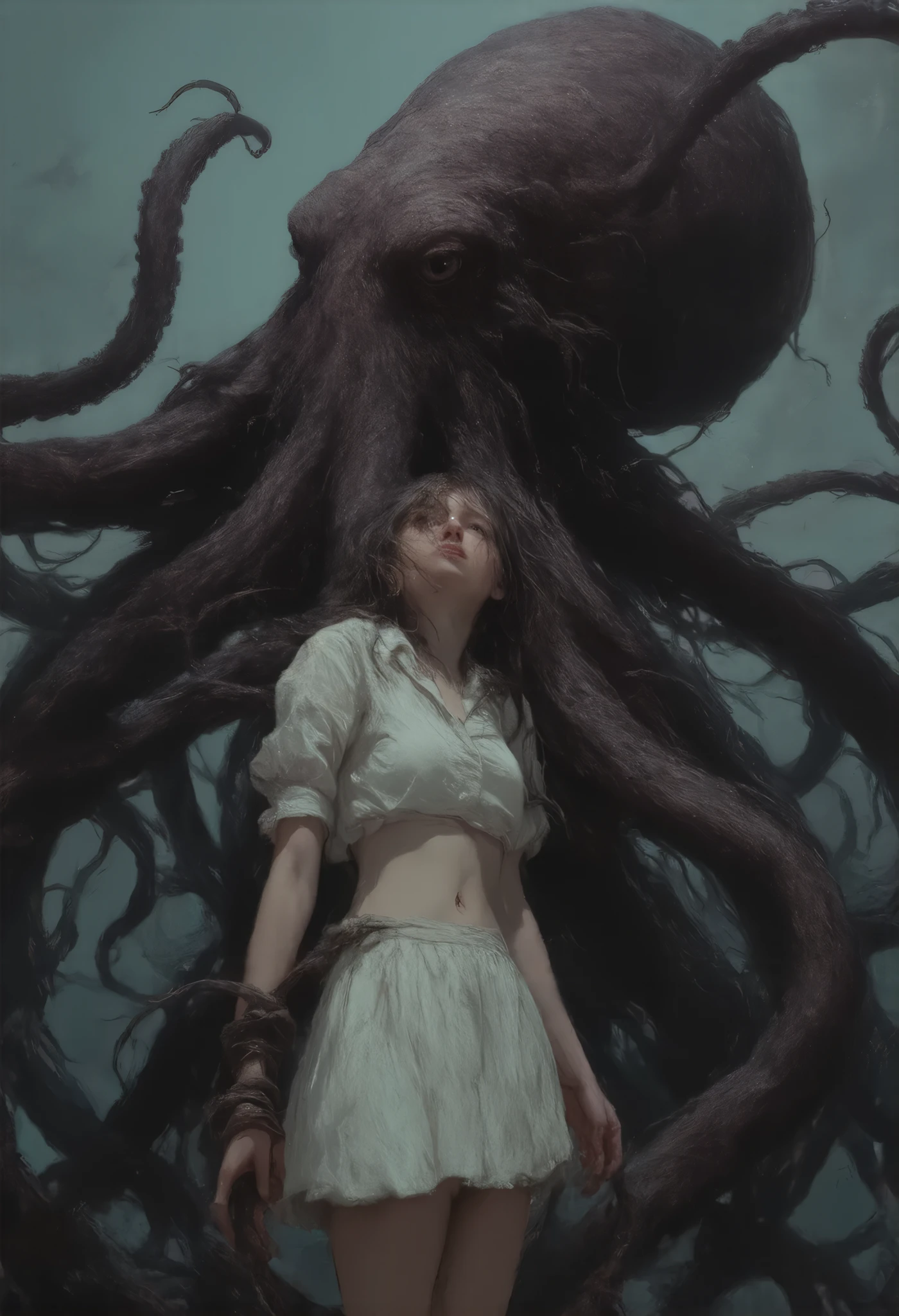 1 girl,hands,captured,hanging breasts, white bra,Tentacles clutching,captured,trying to escape,tentacles like chains on their wrists,shirt,skirt, covered breasts ,deseperada, guilty pleasure ,Mijillas Rojas , forced breathing , forcing to escape,octopus tentacle,Giant alien octopus