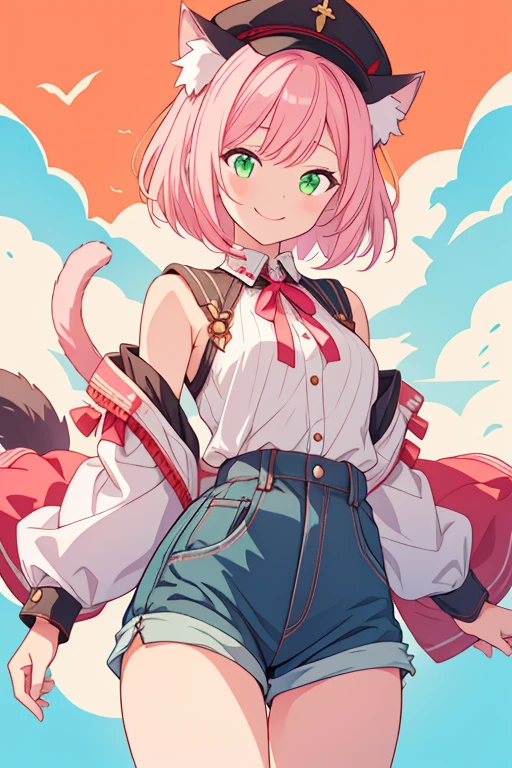 masterpiece, best quality, 1girl, solo, 21 year old model, eyelashes, (beautiful eyes),     zzDiona, green eyes, hair ribbon, pink hair, short hair, animal ears, cat ears, animal ear fluff, cat girl, short hair, bangs pinned back, hat, forehead, detached sleeves, long sleeves, gloves, shorts,   ,BREAK,,,   smile, looking at viewer, cowboy shot, abstract background, dynamic pose, wind, 