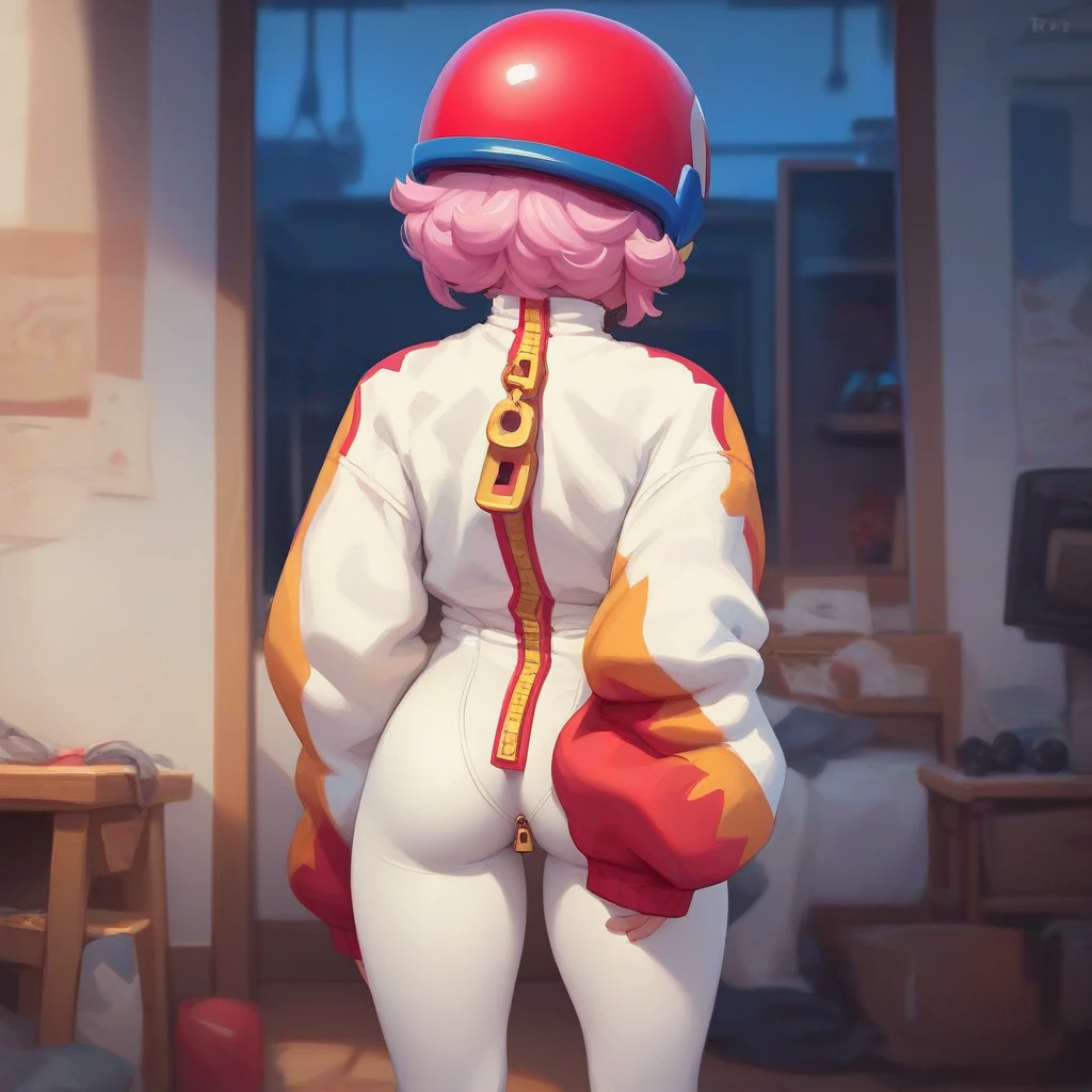 bsbonnie ,  1girl, pink hair, short hair, solo , white bodysuit, red helmet, zipper, zipper pull tap,score_9, score_8_up, score_7_up, source_anime , solo  ,closed mouth, sleeves past wrists, I can't see his face, perfect legs, from behind, standing, distracted looking somewhere else, from behind, from behind, at the back of a room, 