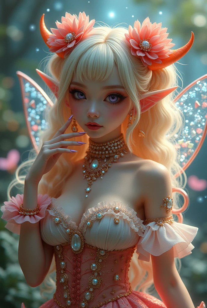 A 24K 3D HD hyper-realistic image of a Latin sexy fairy with neon pink hair adorned with petals and glistening pollen. She is wearing an elegant turquoise and gold outfit with intricate details. The fairy has mesmerizing eyes that sparkle like morning dew. She is standing in a dark fantasy setting with rich colors and textures. The image has a cinematic vibe with vibrant colors and intricate details.