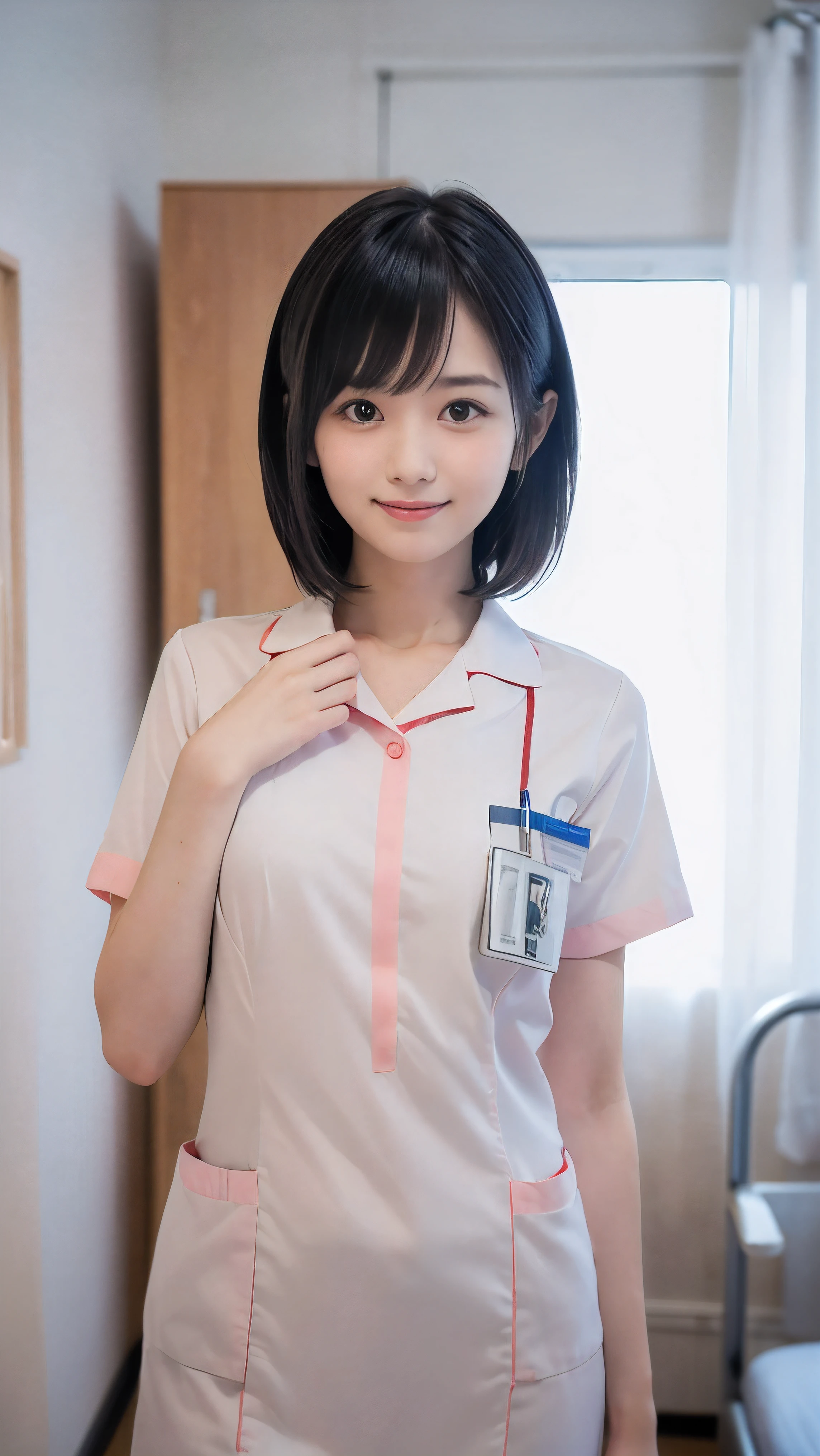 (Close-up face shot of one slender small breasts two side up black medium hair with bangs girl in a white nurse uniform:1.5)、(One nurse measuring blood pressure in the hospital room with small smile:1.5)、(blurred background:1.5)、(Natural light:1.5)、(High-key photo:1.5)、(8k ultra detailed master piece:1.5)、(perfect anatomy:1.5)、(Photorealistic stick:1.5)、(Raw photo:1.3)、(highest quality:1.5)、(High resolution:1.3)、(Delicate and beautiful perfect face:1.3)、(Delicate and beautiful eye air skin:1.3)、(Real Human Skin:1.3)、((thin legs))