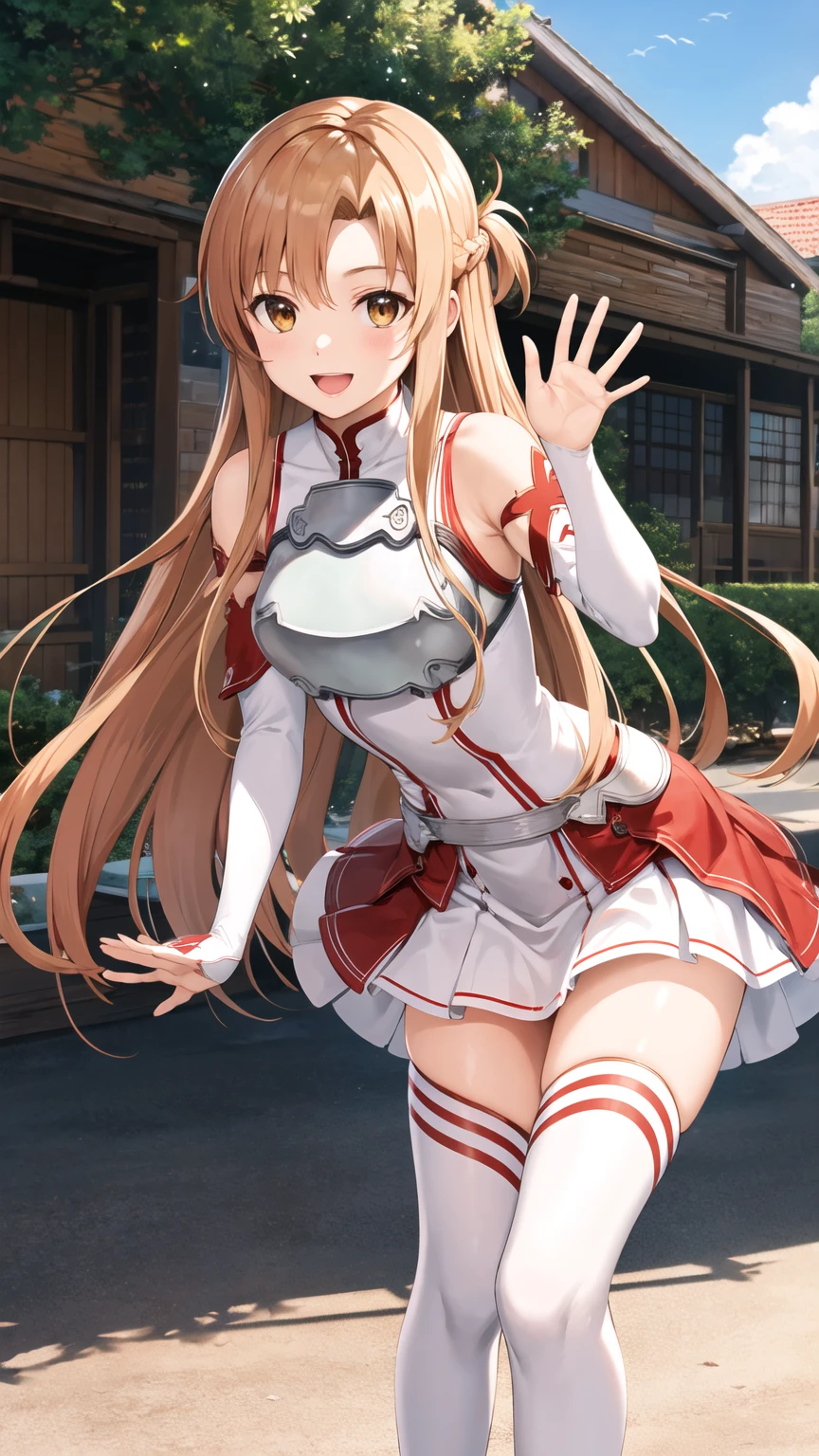 masterpiece, best quality, highres, aaasuna, long hair, brown hair, braid, brown eyes, bare shoulders, armor, breastplate, white sleeves, detached sleeves, red skirt, pleated skirt, white thighhighs, waving, smile, leaning forward, open mouth, town, fantasy