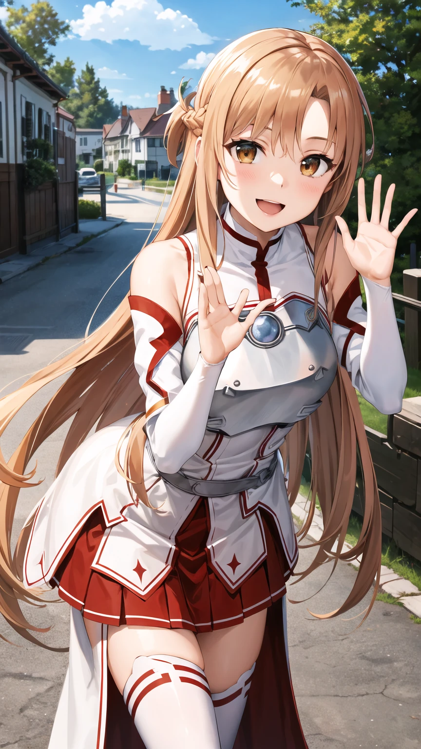masterpiece, best quality, highres, aaasuna, long hair, brown hair, braid, brown eyes, bare shoulders, armor, breastplate, white sleeves, detached sleeves, red skirt, pleated skirt, white thighhighs, waving, smile, leaning forward, open mouth, town, fantasy