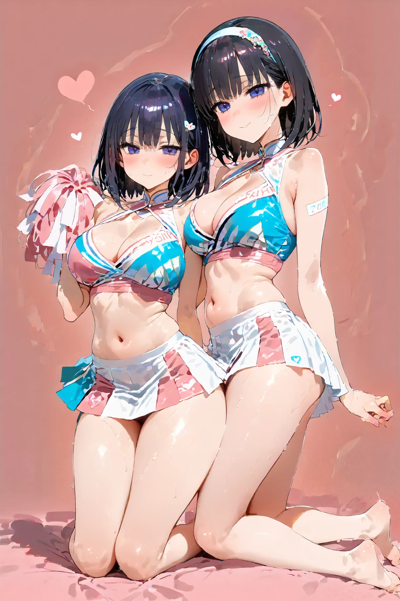 Full body sketch image of two mature women dancing dynamically、Luxurious Embroidered Pastel Cheerleader Outfit、(((((blush))))),  mean smile 、(large breasts)、bags under eyes, hair over eyes, detailed hairband,short black straight hair, Delicate shoulder width 、big ass,  pink simple background、heart,  Hollow Eyes、(glistening skin), (oily skin), (shiny skin),(half closed eyes)、((My skin is shaking ))、 top quality 、Subtle sheen、(Petite)、((( is short)))、