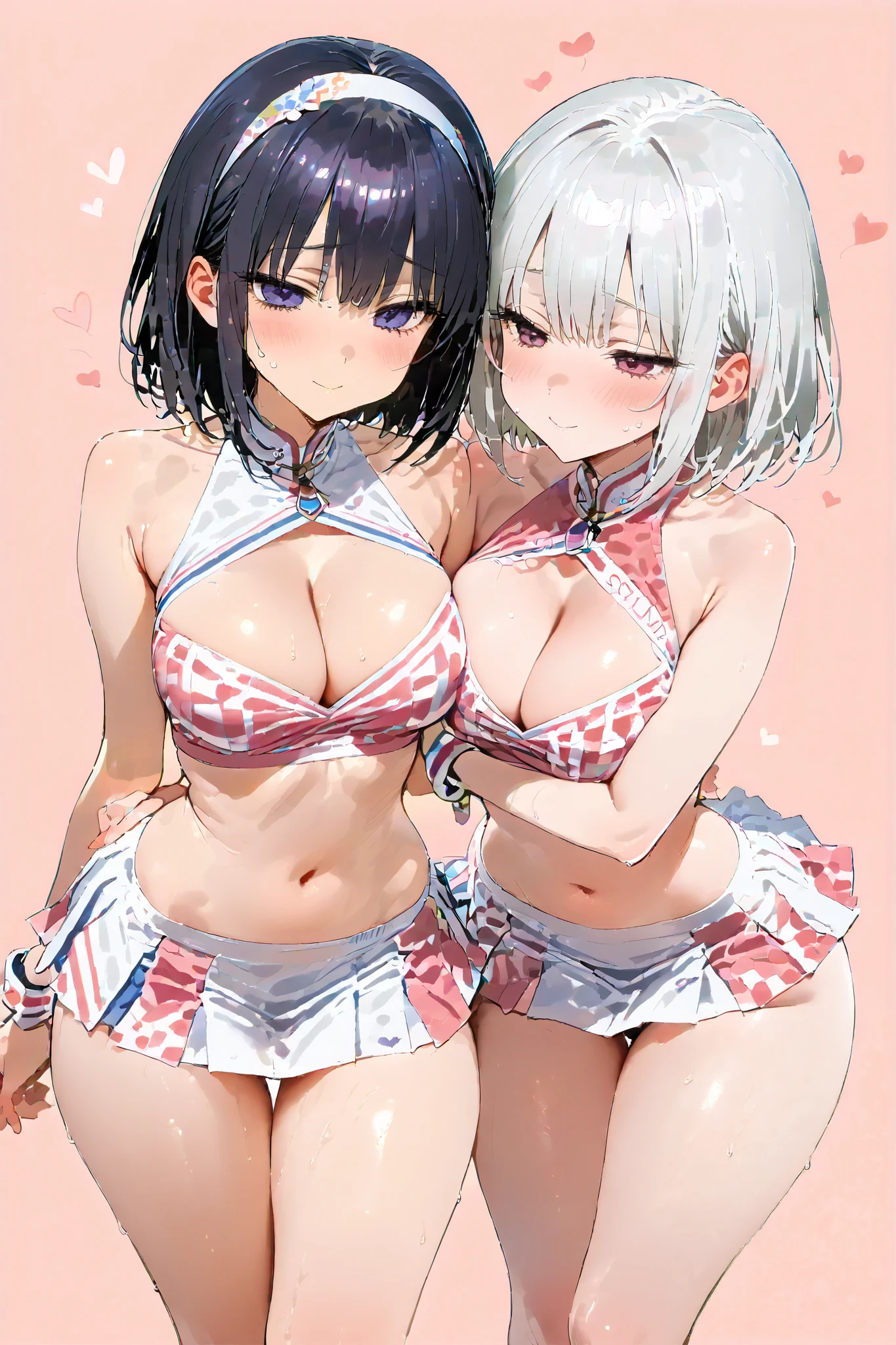 ((two girls)),((takimoto hifumi,hifumi takimoto,ponytail hair,hairbow,)),((Mochizuki Momiji,new game!,short hair, blue eyes, ribbon, hair ribbon, pink hair, sidetail, oneside up,green eyes,hair intake, hair band)),(nsfw,),((Perfect body,))((Super beautiful,))((High quality,))((Heavy breathing,sweat, Sweaty and wet all over,blush)),(gigantic breast,nipple), Looking at Viewer,(cowboy shot),half open eyes,((from side view)),squatting and straddling,(Show off your crotch by opening your crotch in a crouching posture,)arms behind head,(((micro bikini))),pov,