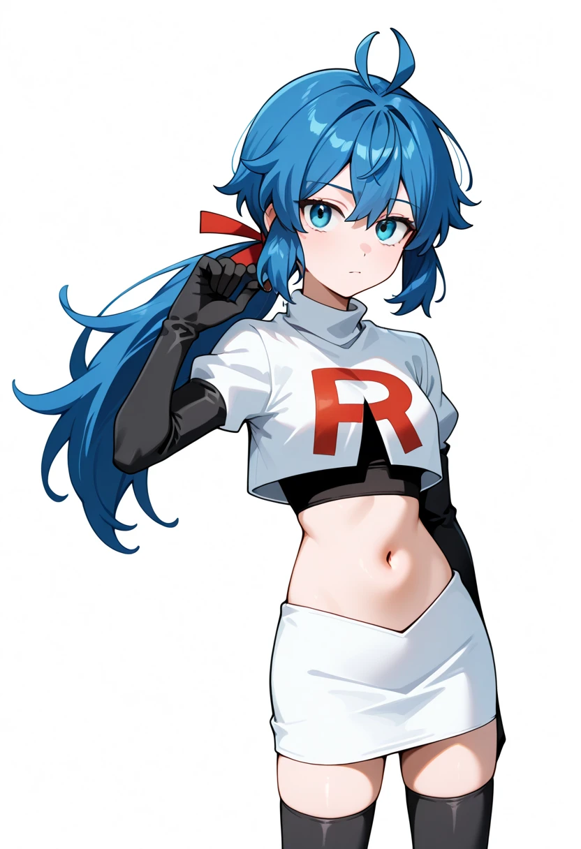 masterpiece, best quality, white background, looking the viewer, 
 1girl, blue hair, blue eyes, hair ribbon, ahoge, long hair, ponytail,  hair between eyes, red ribbon, navel, team rocket,team rocket uniform,white skirt,red letter R,crop top,black thigh-highs,black elbow gloves, cowboy_shot