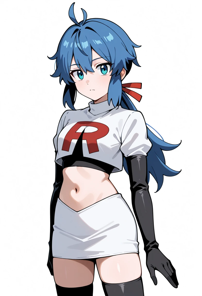 masterpiece, best quality, white background, looking the viewer, 
 1girl, blue hair, blue eyes, hair ribbon, ahoge, long hair, ponytail,  hair between eyes, red ribbon, navel, team rocket,team rocket uniform,white skirt,red letter R,crop top,black thigh-highs,black elbow gloves, cowboy_shot