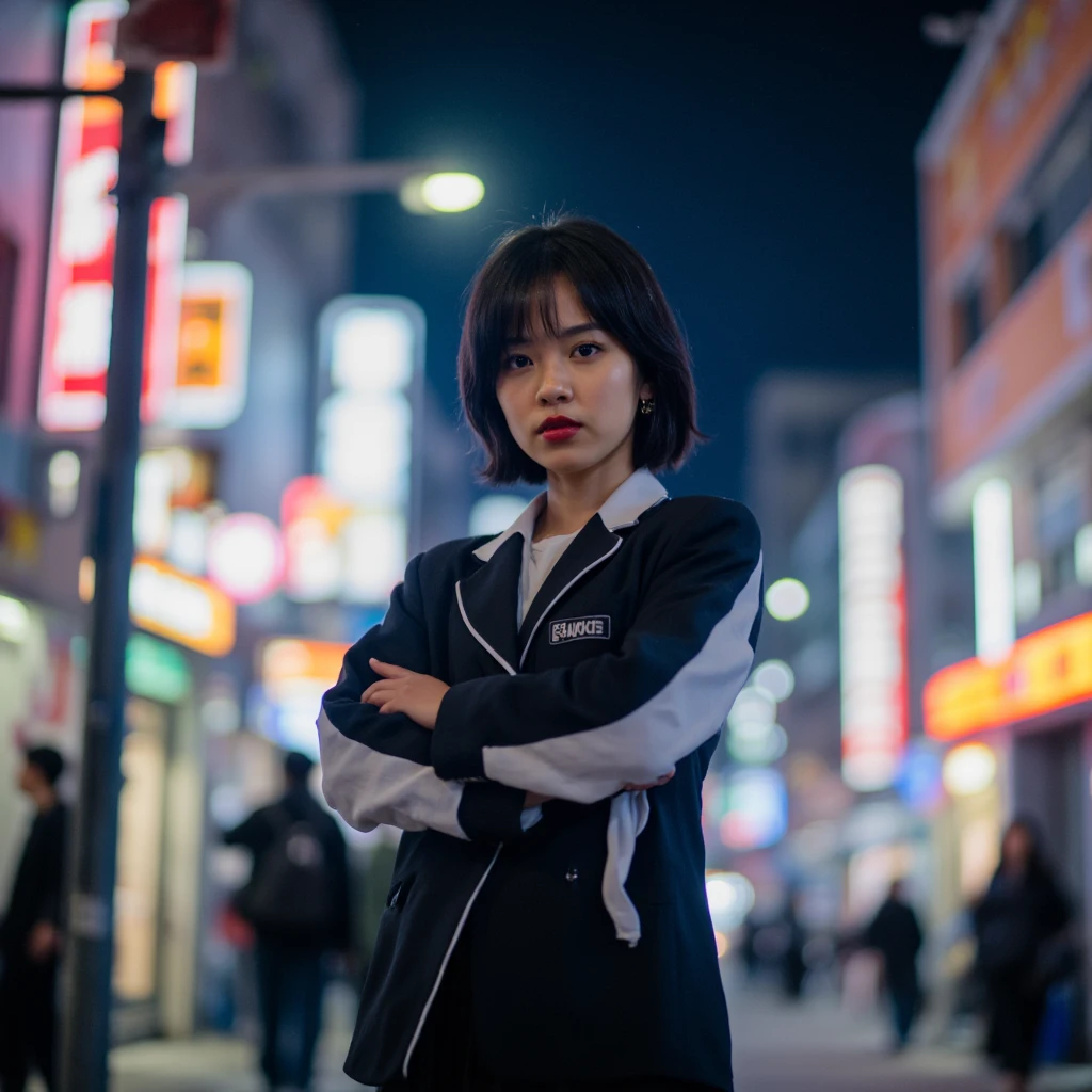 Ultra-realistic photo of a woman standing confidently with her arms crossed, wearing a stylish black and white outfit consisting of a fitted jacket and matching skirt, exuding a formal and modern look. She has a short, black haircut and is looking directly at the camera with a serious and determined expression. The background shows an urban city street at night, filled with bright, colorful lights and illuminated signs to create a lively, bustling atmosphere. Out-of-focus people should be visible in the background, making the woman the clear focal point. The overall vibe should convey confidence and determination in a contemporary, urban setting,Bottom view.
