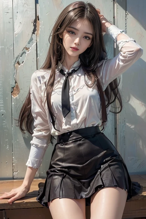 8K, UHD, masterpiece, 1 girl, good face, happy face, detailed eyes, very long hair, necklace, (school uniform), (silver skirt), tie, school bag, in the bridge, cloudy weather, realism, depth of field, 3d, unreal engine 5, ray tracing, flowing wind, sitting,