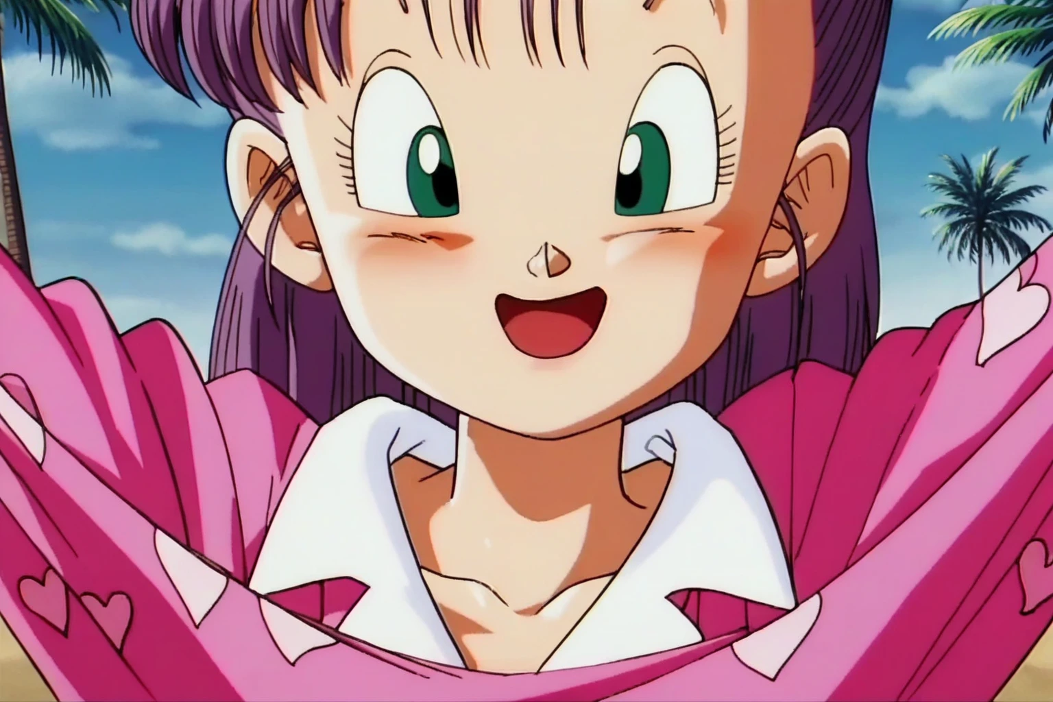 source_anime, score_9, score_8_up, score_7_up, anime screencap,
bulma, 1girl, solo, long hair, smile, open mouth, green eyes, purple hair, tree, clothes lift, close-up, palm tree, retro artstyle, heart print, pajamas
 