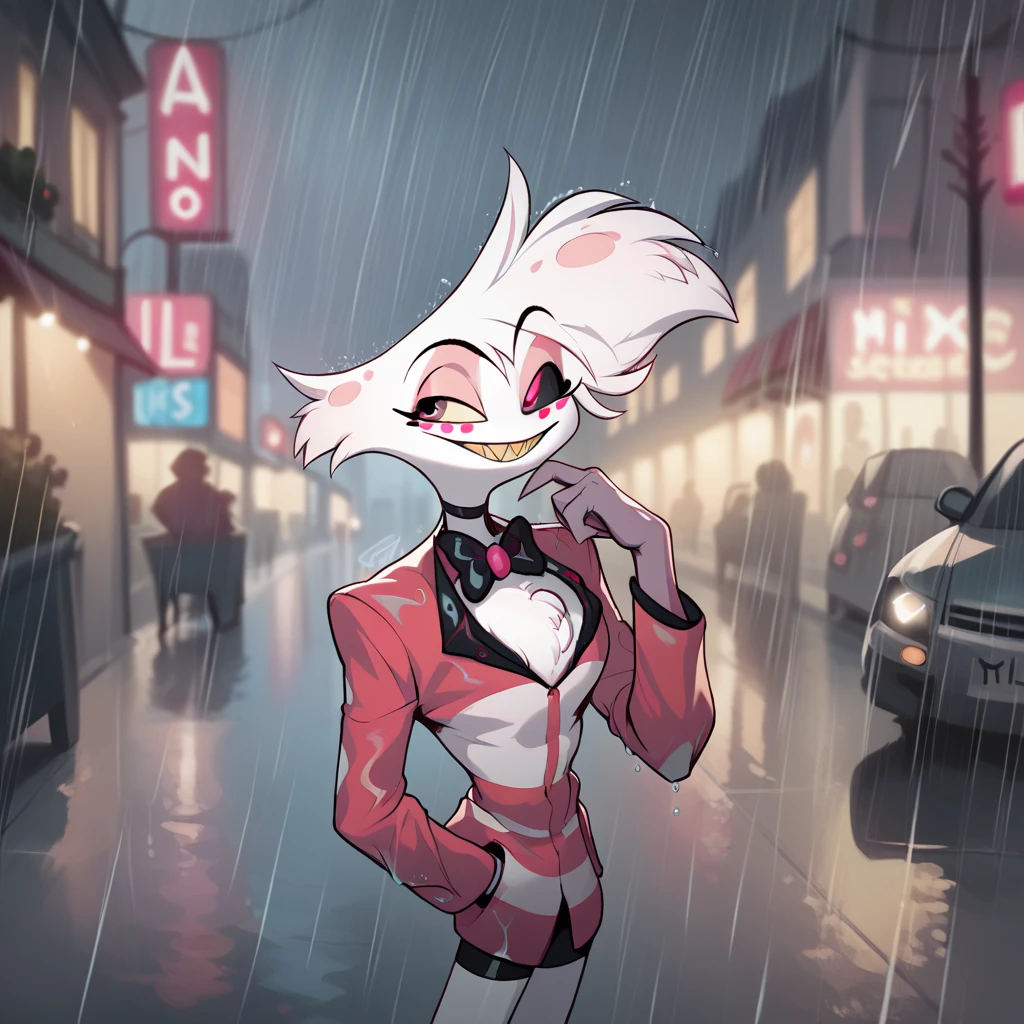 angel dust, hazbin hotel, American animation,
 White Skin
Smile, Alone
Lay on Street, rain