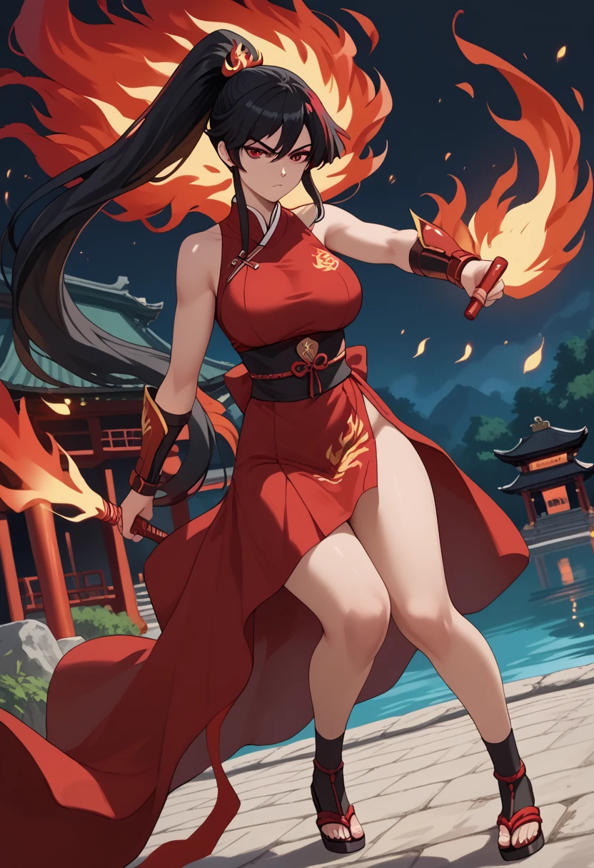 masterpiece, best quality, 1girl, solo, thighhighs, chinese-clothes, gloves, very-long-hair, dress, hair-bun, twintails, china-dress, red-dress, double-bun, black-thighhighs, brown-hair, brown-eyes, full-body, red-footwear, pelvic-curtain, looking-at-viewer, bandages, blush, standing, breasts, bangs, armlet, sleeveless, fighting-stance, sleeveless-dress, brown-gloves, bare-shoulders, v-shaped-eyebrows, bandaged-arm, side-slit, leg-up, medium-breasts, gradient-hair, boots, ankle-boots, floating-hair, closed-mouth, simple-background, hand-up, blunt-bangs, sash