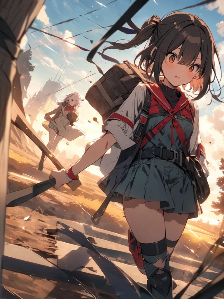 6+ girls, multiple girls, torn clothes, torn skirt, white panties, big breast, closed eyes, pile of corpse, scenery, battlefield, wreck