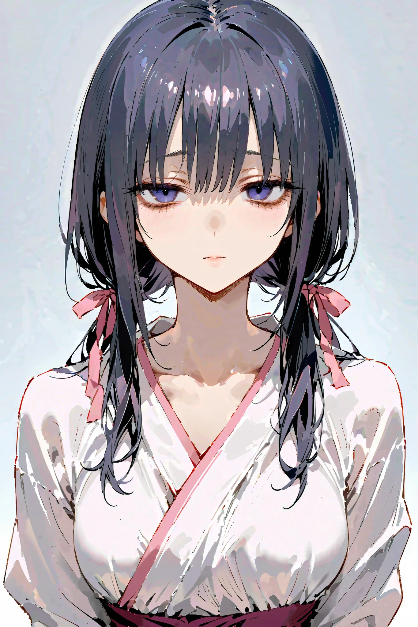 Mature woman wrapped round and round with pink ribbon、(bags under eyes), half closed eyes, empty eyes,