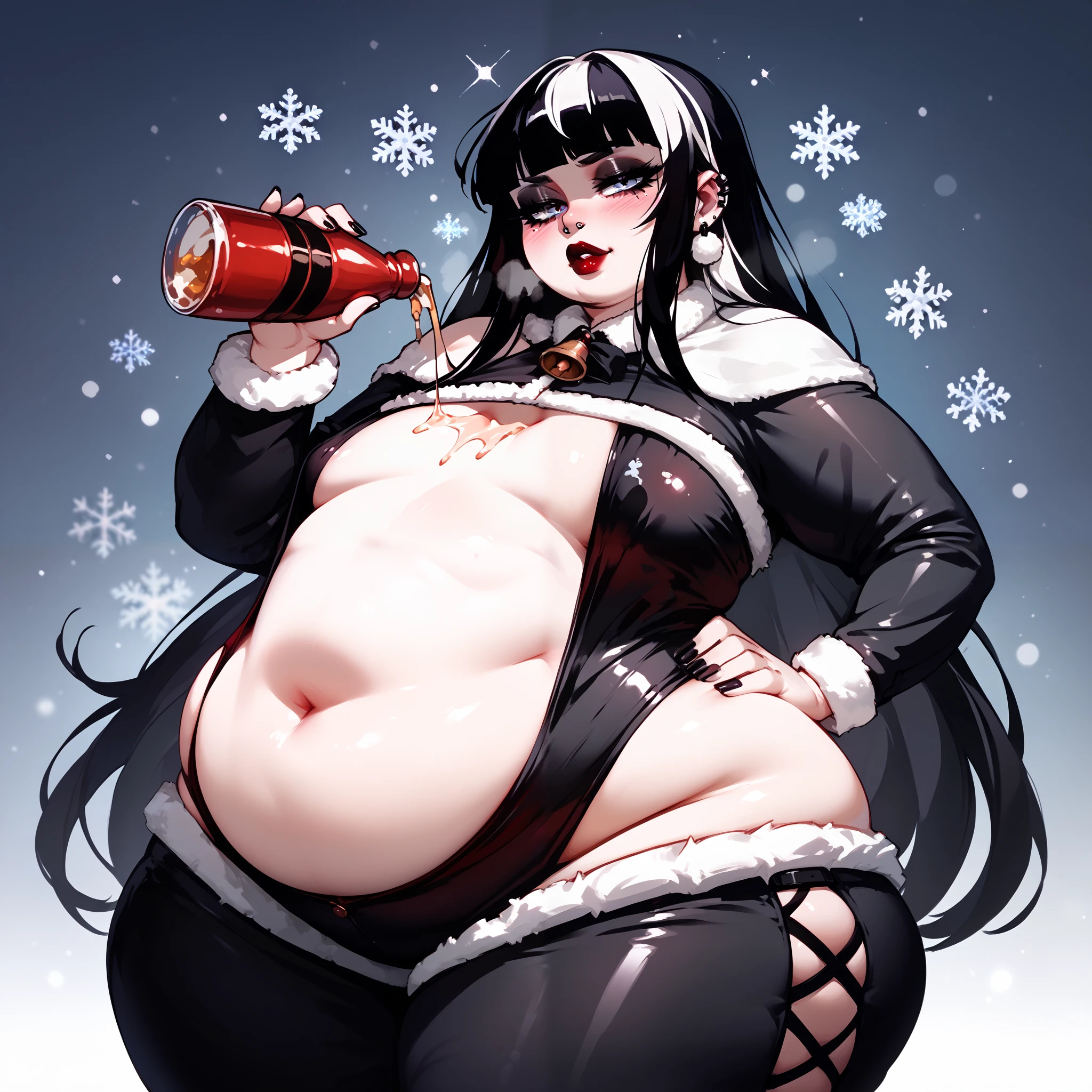 A ((goth girl)) in ((santa claus bodysuit))woman, skinny, (chubby belly)  (), (one hand on hip), (very drunk), skindentation, , deep navel (), (),  ((safe for work)) (n4g4) solo,blush,score_9, score_8_up, score_7_up, score_6_up, 1girl, long hair, g4n1m3, goth, red lipstick  ()  (), (immobile) ((small chested:1.5)), (deep soft navel) ((breast outline)), (bottom heavy)