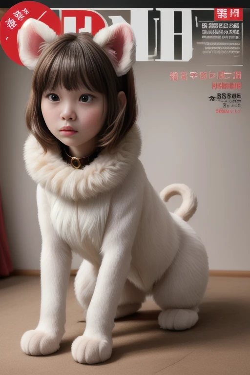 
 magazine cover (( top quality )), ((masterpiece)), ( high-resolution photos )  on all fours, Fluffy paws,Red collar , Tail, bangs、I look back with a sad face