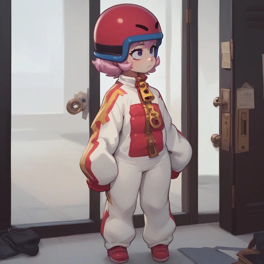 bsbonnie ,  1girl, pink hair, short hair, solo , white bodysuit, red helmet, zipper, zipper pull tap,score_9, score_8_up, score_7_up, source_anime , solo  ,closed mouth, sleeves past wrists, I can't see his face, perfect legs, from behind, standing, distracted looking somewhere else, from behind, from behind, at the back of a room, Full body, seen through a door frame, she is looking away, small,  