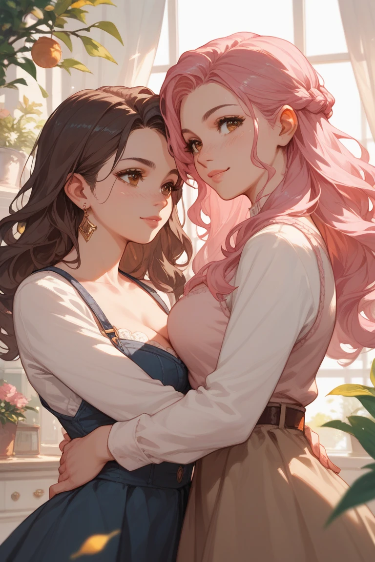 2women, first woman has long light pink hair and brown eyes and the second woman has long wavy dark hair and brown ehes