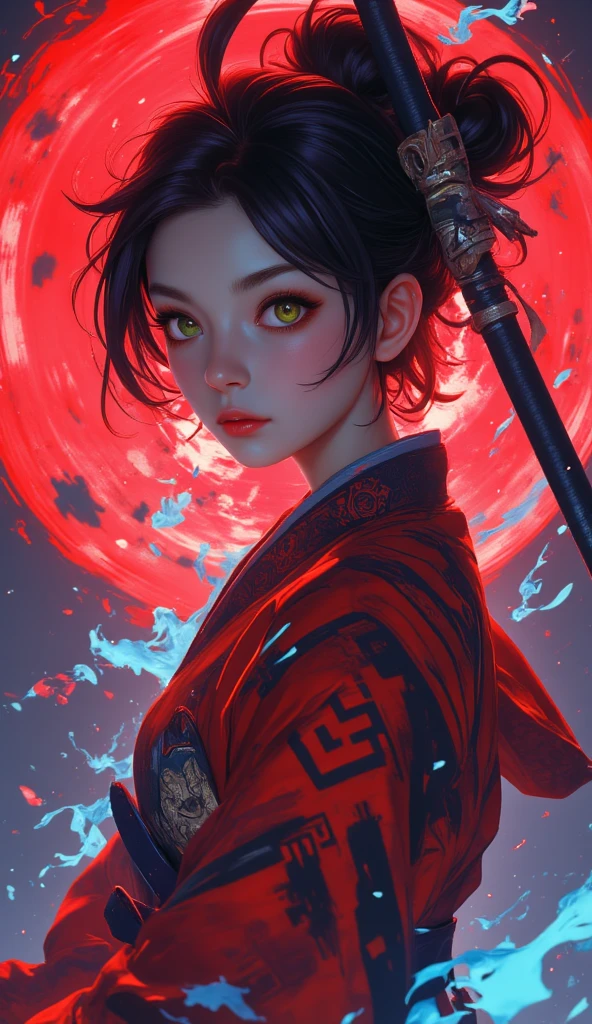  A beautiful Japanese woman .
 black hair, short,  pointed upwards , drawn on the side .
rainbow colored eyes, expressive, obfuscating, incandescent. 
 fine winding, sexy.
Dressed in a martial artist outfit, red and black, with geometric shapes.
 A blue aura subtly surrounds her . 
in battle pose, martial art.
expression: anger, Fury. 
 Profile view from a distance . 
 simple background , Red color. 
(anime style 32K, 3d, HDR, UHD, intricate detail, extremely intricate detail, hyperrealistic, extremely realistic, high quality,      vivid color     , extremely detailed).