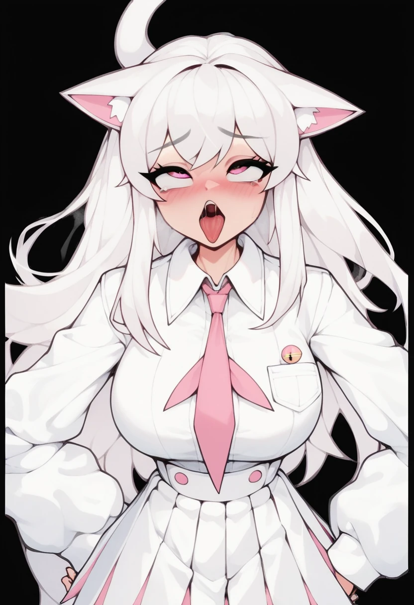 that has a fearful face, white hair, cat ears, yellow glasses and transparent super blushing pink eyes that has a towel around it and is in spaghetti and has a cat tail that is a super fearful girl