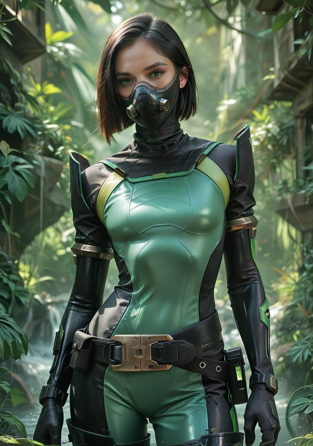 score_9, score_8_up, score_7_up, score_6_up, score_6_up, source _animé, BREAK 1girl, solo, valVipr, bob cut, green eyes, green and black body suit, black gloves, belt, thigh boots, looking at you, upper body, mask, black respirator.