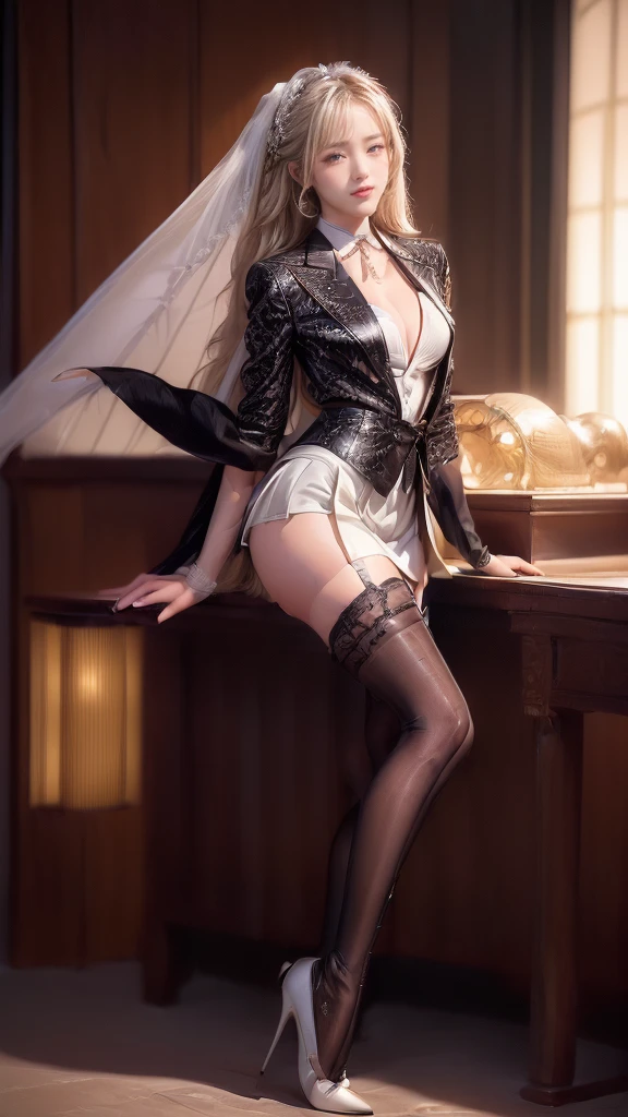 8K, RAW Photos, highest quality, masterpiece:1.2), (Realistic, photo-Realistic:1.37)、Earrings, eyelash, pantyhose、Sexy and provocative smile、 (Shiny skin:1.05)、Venus Body、Having her hair done、My chest is popping out、Wear accessories on your wrist、Wearing accessories on the ankle、Background blur((depth of field)、23 year old white female、Silver Hair、long hair、blue eyes、sleeveless little black dress((little black dress))Wear、Wear a black choker、Opera Globe((opera glove))put on one's arm