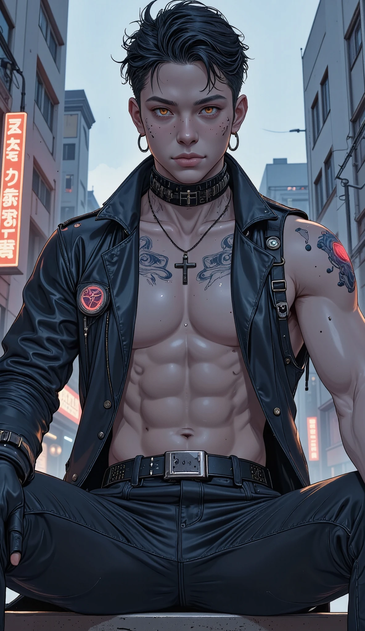 ( best quality,4k,8K,highres, masterpiece:1.2),  seen from above ,  Dutch angle , 
a young boy, male:1.5,  sensual masculine goth ,  neon latex , crucifix , cyberpunk city, Simple lines,  goth sitting on a bench,  perfect body , (glowing ,  shiny tattoos , bright halo:1.3),  simple lines,  anime style