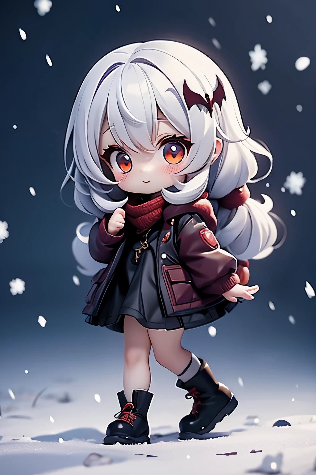 Adorable vampire girl walking in the snow。