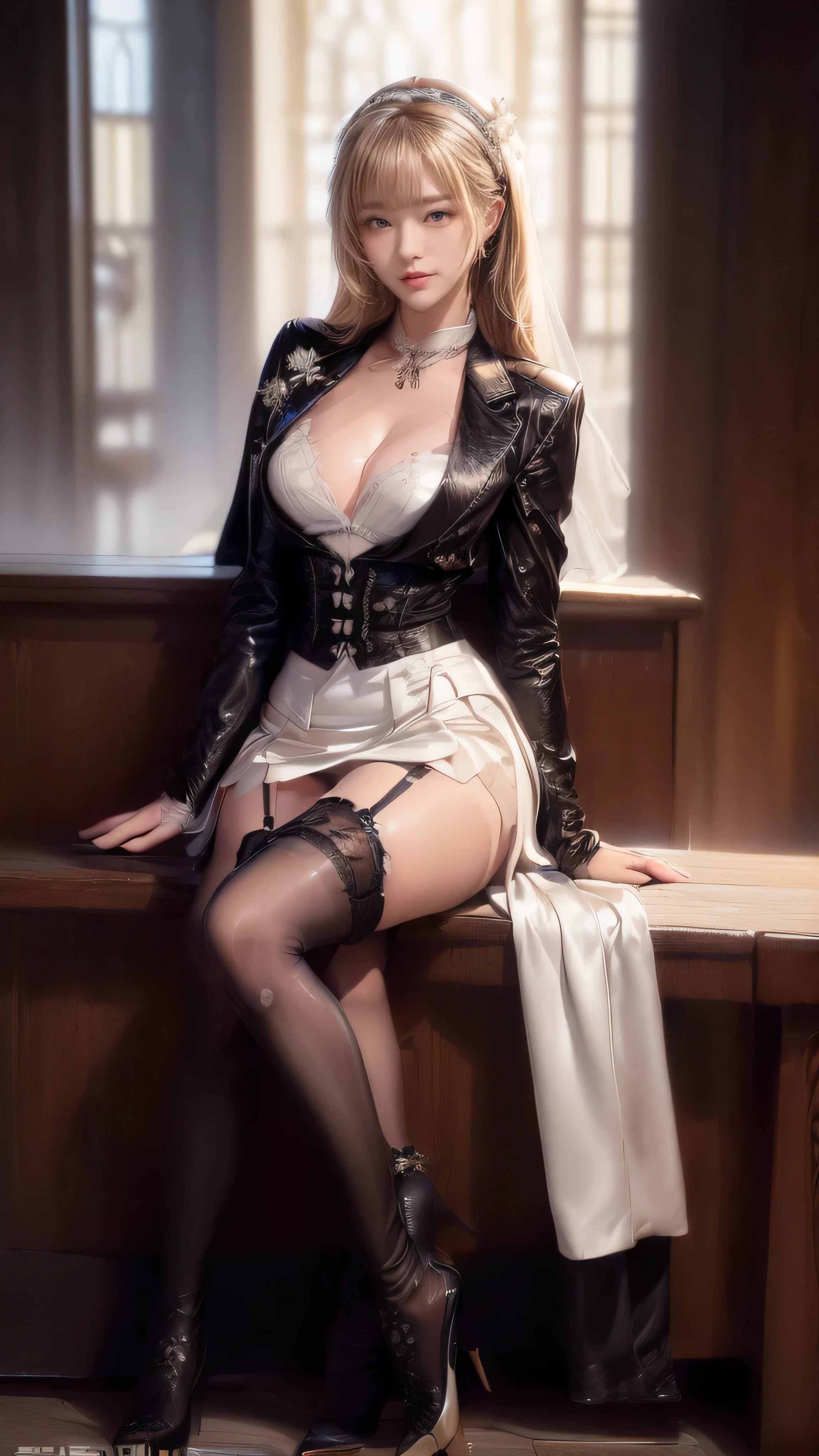 nun, sitting, high heels, fishnet stockings, mini skirt, rebel, panties, digital art, fantasy, dark magic, occult, mystical, cleavage, long blonde hair