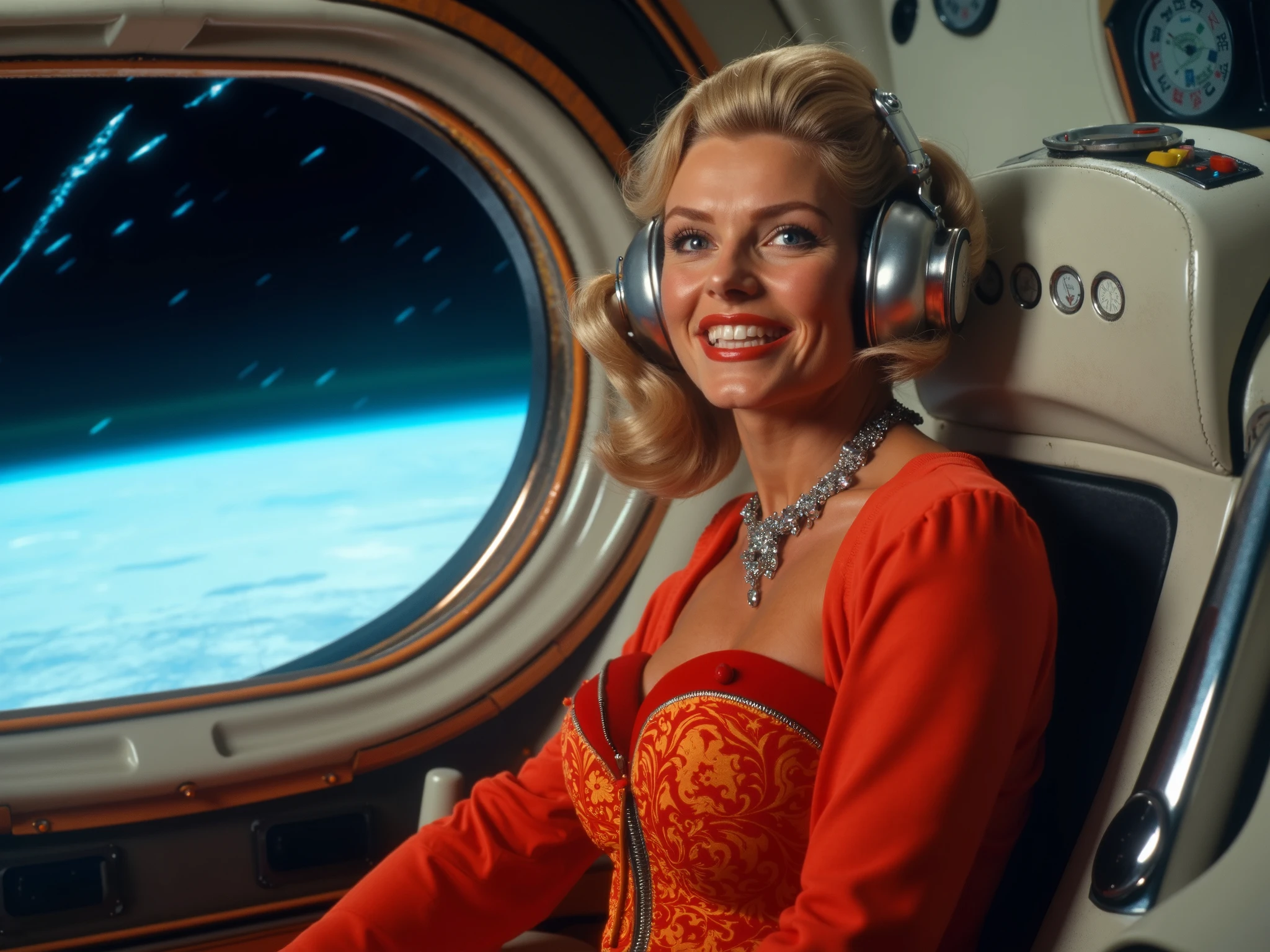 A glamorous blonde woman sits confidently in the captain’s seat of a retro-futuristic spacecraft cockpit. Her radiant smile lights up the scene, exuding warmth and charm. She is wearing a sleek, bright orange jumpsuit partially unzipped to reveal a stunning corset with intricate embroidery and subtle metallic accents. Her corset perfectly complements her dazzling diamond necklace and matching choker, adding a touch of elegance to her bold look.
Her blue eyes sparkle with excitement as she looks toward the camera, her glossy lips in a soft coral shade accentuating her cheerful expression. Large, polished silver headphones rest over her ears, completing her retro-futuristic aesthetic.
The cockpit around her is a masterpiece of 1950s-inspired sci-fi design, with curved, minimalist panels in shades of white and gray. Illuminated control dials and glowing switches surround her, blending functionality with vintage style. Through the large window beside her, Earth’s brilliant blue and white surface gleams against the dark void of space, while faint reflections of starlight dance across the cabin inte The lighting captures every pore on her skin, detailed with the texture and warmth of 1950s, 1960s, and 1970s film tones, rendered in Kodak Eastman 100T 5247 style with Technicolor richness. The hyper-realistic rendering in 8K resolution ensures every intricate detail. detailed background, detailed sharp edges, detailed skin pore, 1950's film skin tone color, 1960's film skin tone color, 1970's film skin tone color, In Super Panavision 70 Technicolor Film style In Super Panavision 70 Film style, vintage film skin tone color, classic film skin tone color, Kodak film skin tone color, Fujifilm skin tone color, Todd-AO film style, 70 mm film prints, vistavision style, Technicolor film style, Kodak Eastman 100T 5247 film style, Ultra Panavision 70 film style, Super Panavision 70 Film style, portrait, epic, beautiful lighting, blurry background, realistic, dark, looking at viewer