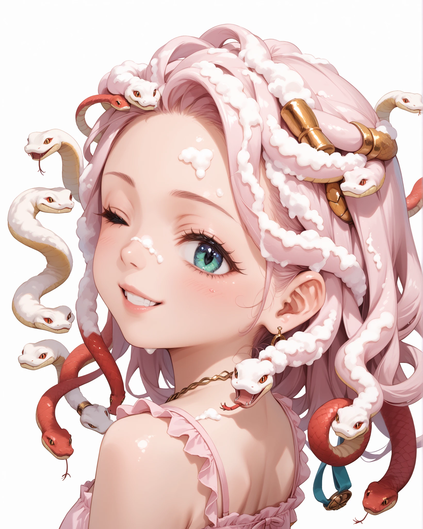 Japanese anime style illustration, kawaii,, 
snake hair,  white form on head, jewelry, cute girl smiling, wink, pastel pink camisole, head of hair all numerous snakes, from side, looking back at viewer, Washing hair with both hands above the head，Realistic foam, Foam envelops the beauty's entire head，
There is a lot of foam on the head，hands on snake-hair, (rich lather, Lots of shampoo foam, snakes covered in foam, snakes with pained face) ,close-up, simple Background,