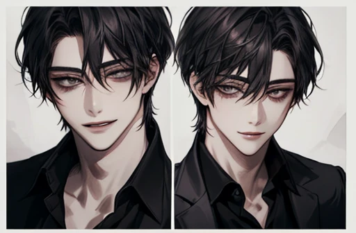 {male}、Dual personality、{ high image quality}、 Accurate Description 、 handsome、{ dark eyes}、Twisted Smile、 shirt 