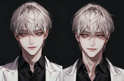 {male}、Dual personality、{ high image quality}、 Accurate Description 、 handsome、{ dark eyes}、Twisted Smile、 shirt 