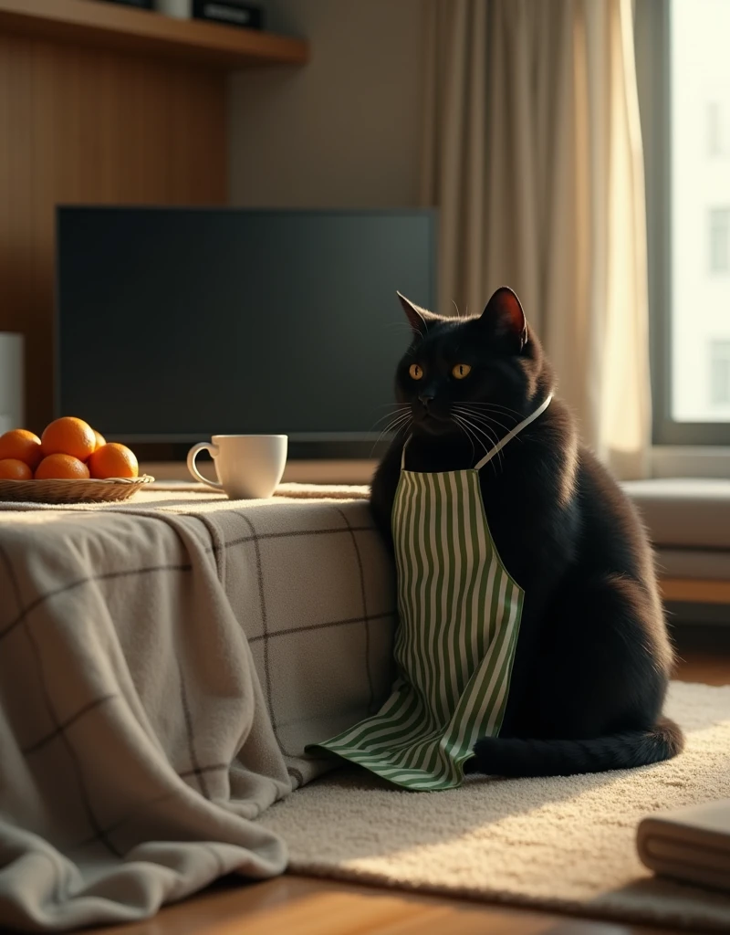 ultra-realistic, photorealistic, dramatic scene, shadow, global-illumination, the human-like giant black cat\(wearing a vertical striped green apron, sleepy, black cat, sitting on the floor at low table that covered by a heavy blanket, watching TV\), there is a low table fully covered with a light colored checked thick blanket on the large carpet in the stylish Japanese apartment room, a TV and shelf are in the room, stylish furnishings, mandarin oranges in the basket and a coffee mug is on the low table, in winter,