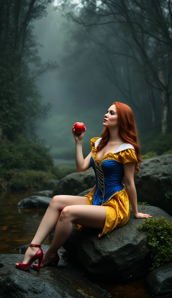 comic art, 8K, super detailed, ultra resolution, Snow White character eating an apple sitting on a rock, perfect breast, perfect body, long legs, redhead with loose hair, iconic yellow, blue and white Snow White short tight dress. Dark fantasy forest, cinematic. Apply the rule of thirds leaving the woman in the center.