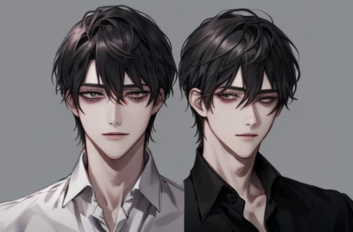 {male}、Dual personality、{ high image quality}、 Accurate Description 、 handsome、{ dark eyes}、Twisted Smile、 shirt 、{一人のmale}、青い shirt 