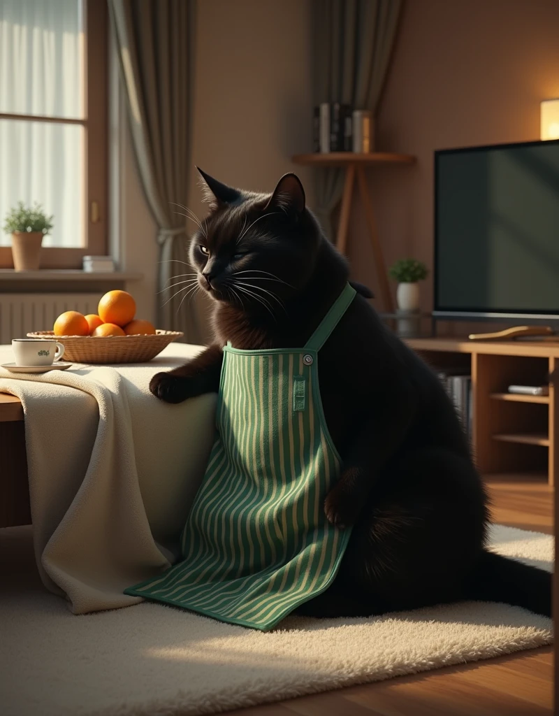 ultra-realistic, photorealistic, dramatic scene, shadow, global-illumination, the human-like giant black cat\(wearing a vertical striped green apron, sleepy, black cat, sitting on the floor at low table that covered by a heavy blanket, watching TV\), there is a low table fully covered with a light colored checked thick blanket on the large carpet in the stylish Japanese apartment room, a TV and shelf are in the room, stylish furnishings, mandarin oranges in the basket and a coffee mug is on the low table, in winter,