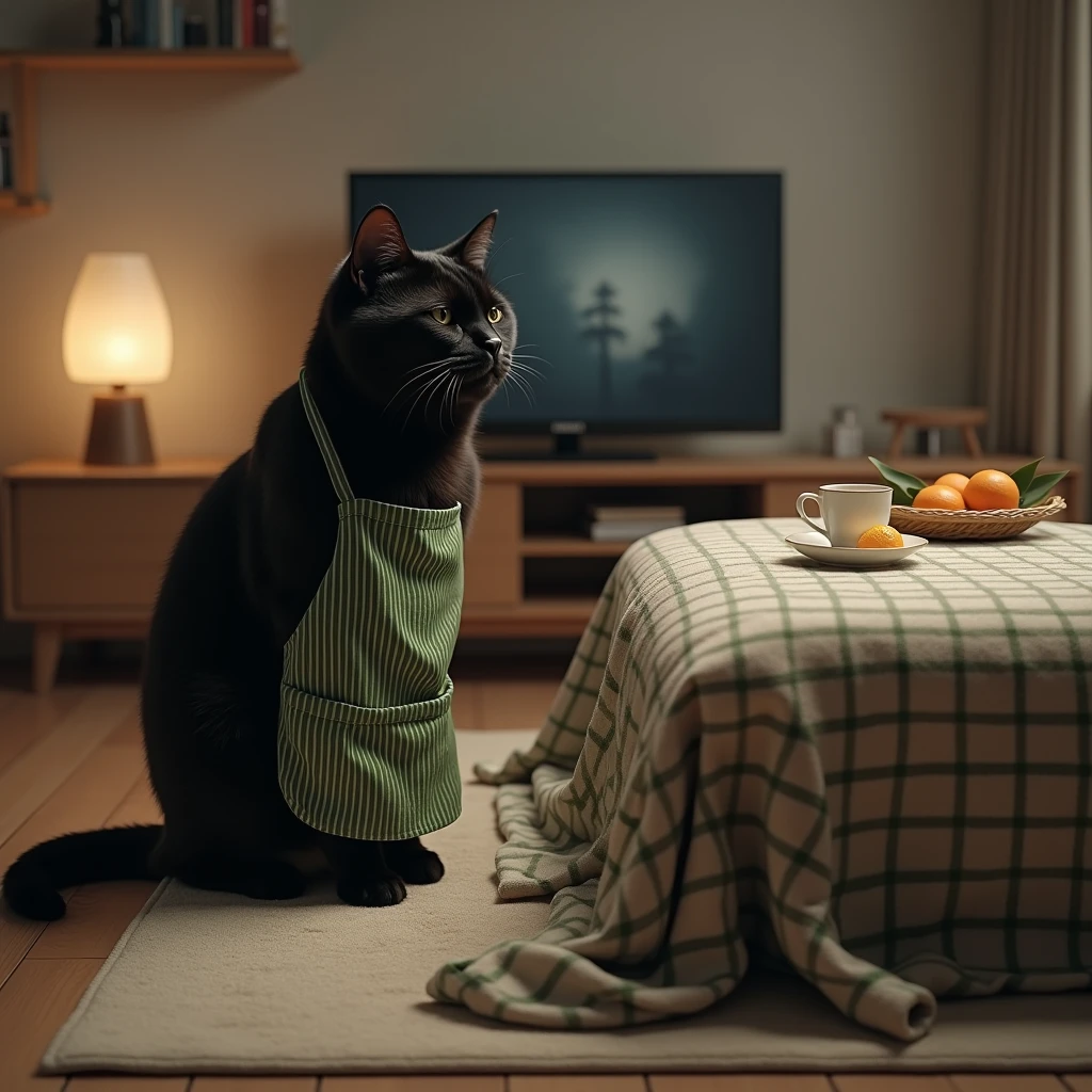 ultra-realistic, photorealistic, dramatic scene, shadow, global-illumination, the human-like giant black cat\(wearing a vertical striped green apron, sleepy, black cat, sitting on the floor at low table that covered by a heavy blanket, watching TV\), there is a low table fully covered with a light colored checked thick blanket on the large carpet in the stylish Japanese apartment room, a TV and shelf are in the room, stylish furnishings, mandarin oranges in the basket and a coffee mug is on the low table, in winter,