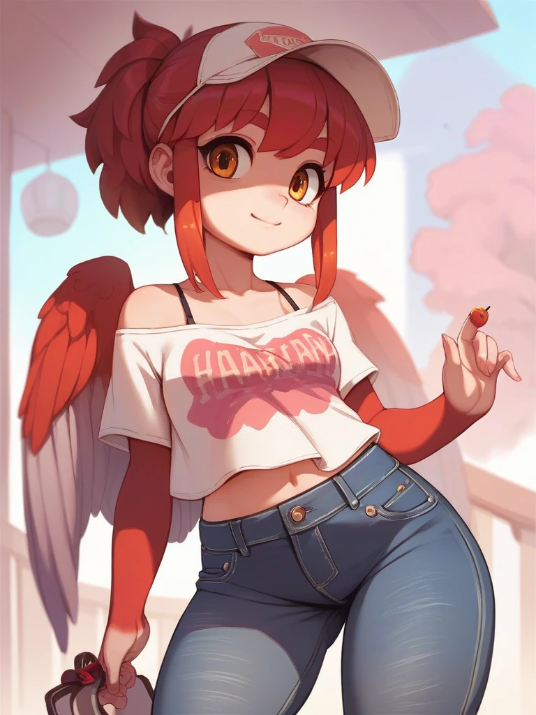 , ???, , denim shorts, White_tank_top:1, red hair, green eyes, annie, big thighs, open fly,