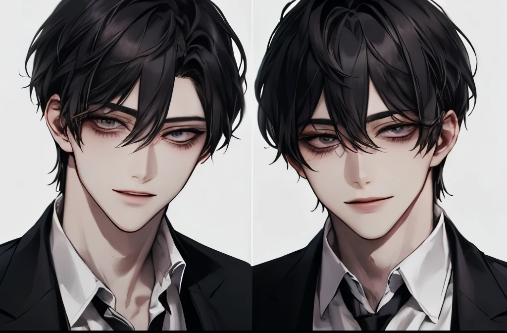 {male}、Dual personality、{ high image quality}、 Accurate Description 、 handsome、{ dark eyes}、Twisted Smile、 shirt 