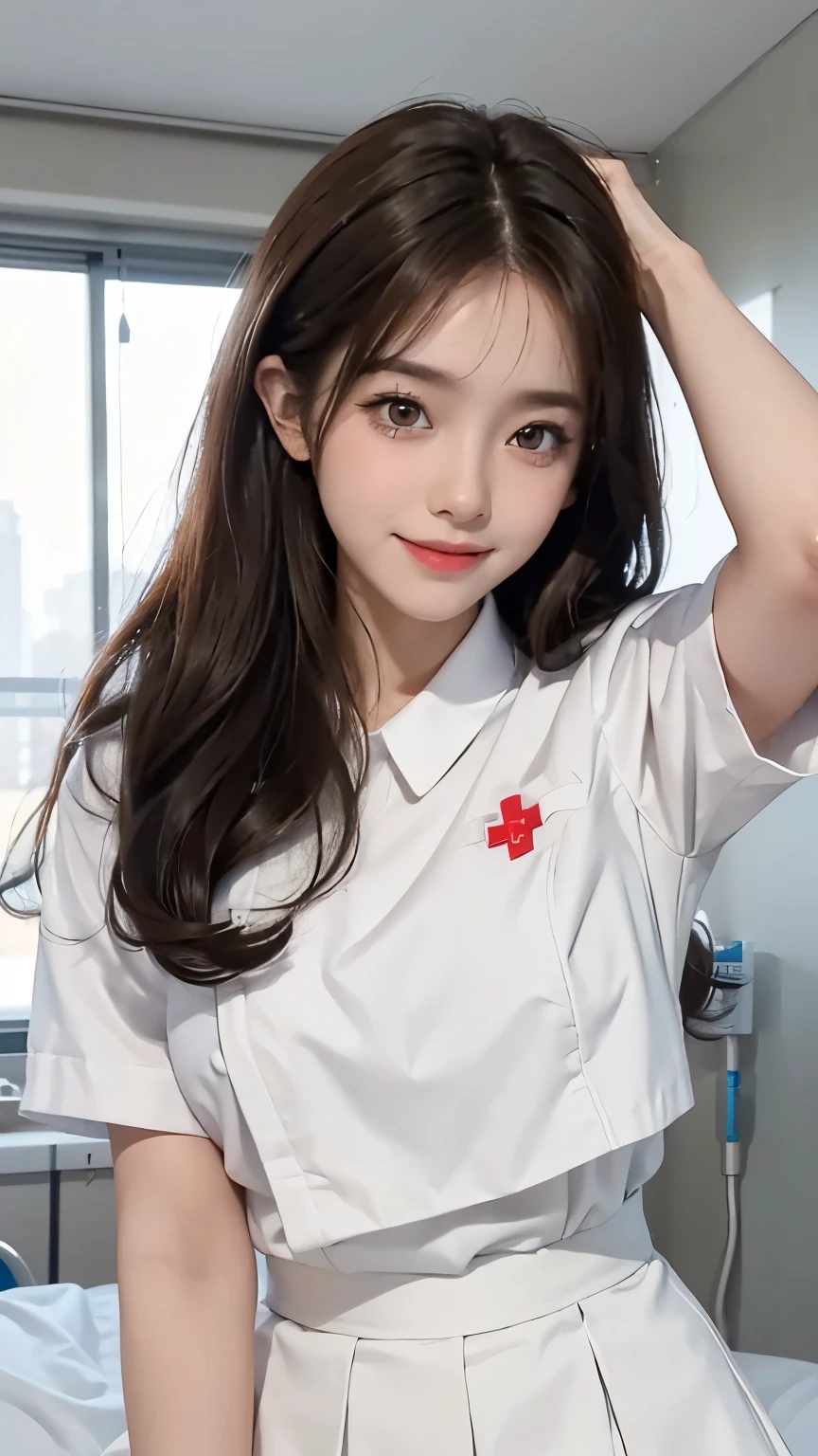 masterpiece, best quality, 1girl, solo, standing, terrarianurse, nurse, nurse cap, smile, syringe
