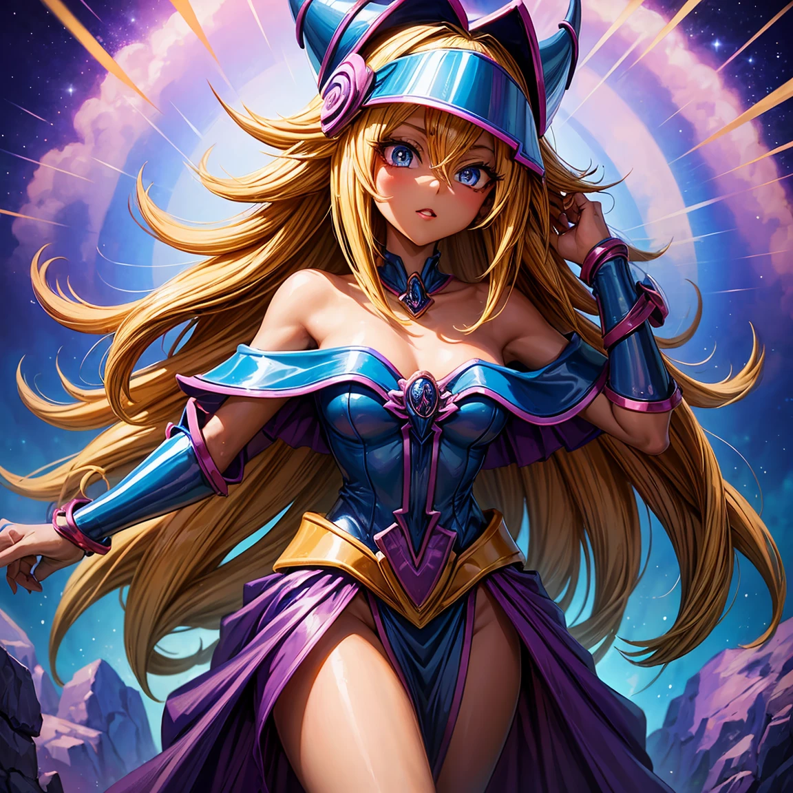 (masterpiece), best quality,  A highly detailed illustration of Dark Magician Girl from Yu-Gi-Oh!, explicitly depicted without any hat, headpiece, or similar accessory. Her head is completely uncovered, showcasing her radiant dark skin, expressive eyes, and voluminous wavy hair cascading gracefully over her shoulders. There are no hats, crowns, or adornments on her head, ensuring a clear and natural appearance. Her outfit is a modern variation of the classic design, featuring vibrant shades of blue and gold with magical purple accents, form-fitting yet tasteful, emphasizing her slender figure while maintaining a magical aura, no hat, no hat, no hat 