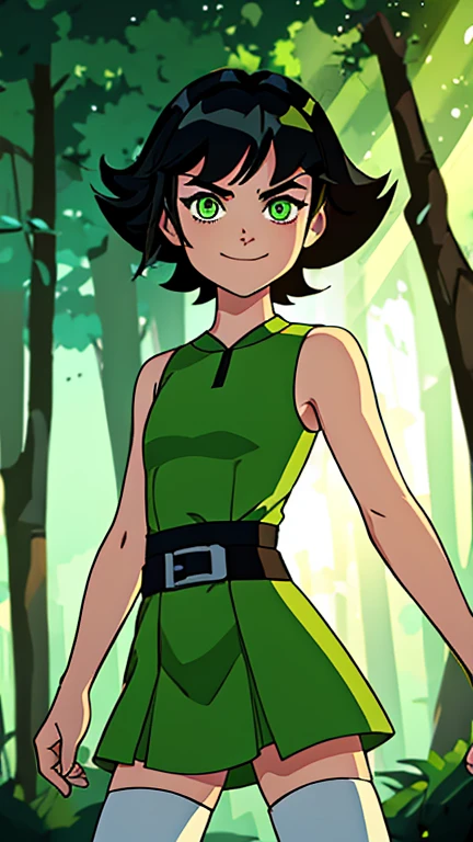 (1girl, Buttercup), (extremely detailed CG unit 8k wallpaper),(master part), (best quality), (ultra detail), (best illustration),(ben10), cowboy shot, standing, facing viewer, looking at viewer, perfect face, perfect eyes, perfect fingers, (Sharp eyeliner, ombre, detailed eyes:1), (FanFo), perfect anatomy, professional light, cinematic lighting, ambient lighting, face lighting,  a small lake in a forest, sunlight, godrays, reeds, outdoor background, break , upper body, solo, smile, (black hair, green eyes, short hair, messy hair), (dress, green sleeveless dress, simple black belt, white thighhighs)
