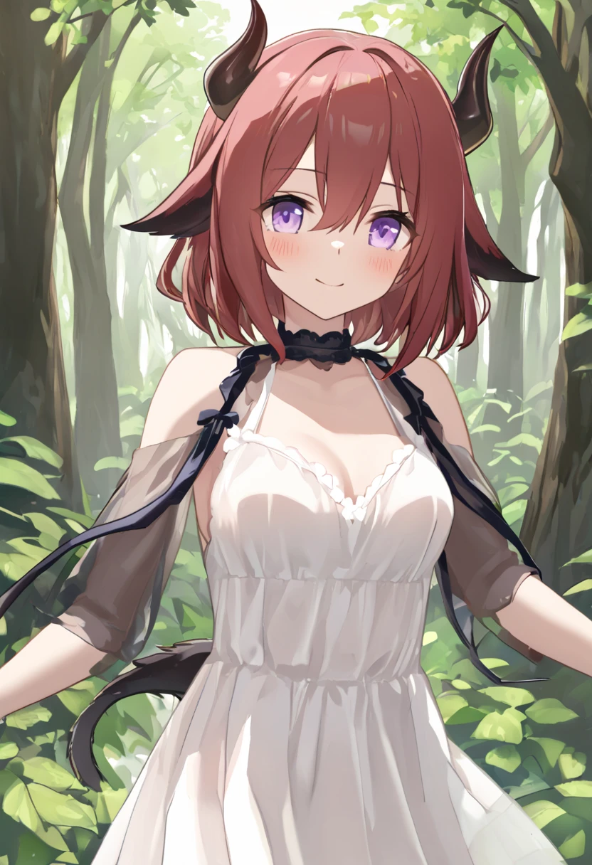  top quality 、 One Girl 、Devil horns and tail、Cute single tusk、Shiny red hair、 short hair、 purple eyes、 in the woods、The sun shines in、 slender body、Slender legs、Tiny breasts、 black fur ankles and wristlets、Black and white dress、blush、smile